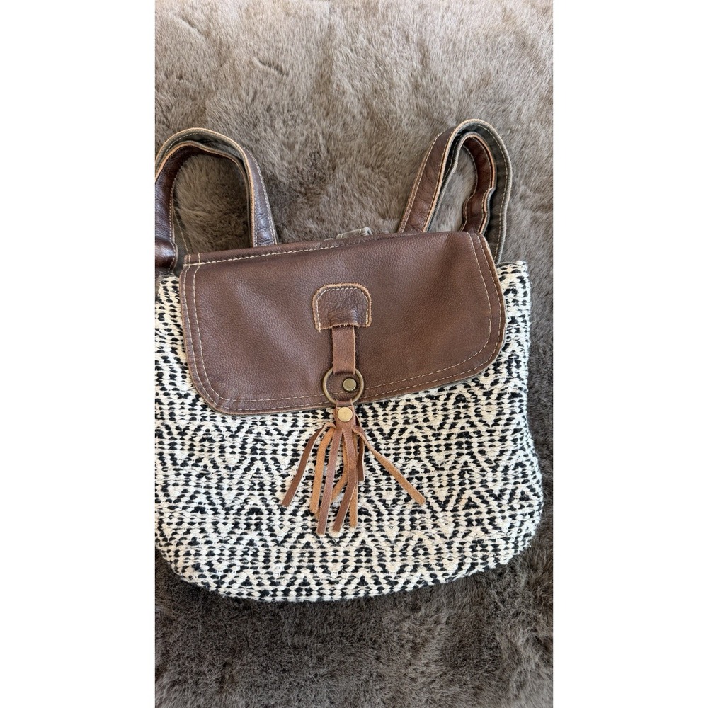 Myra Bag Brown Leather Flap Black White Rug Canvas Medium Backpack Tassel